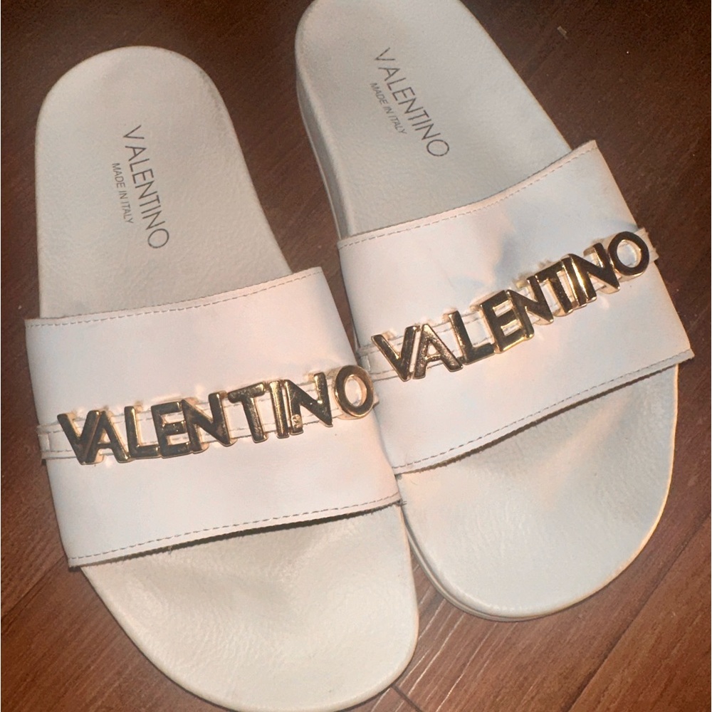 White Valentino Slides with Gold Medal Logo